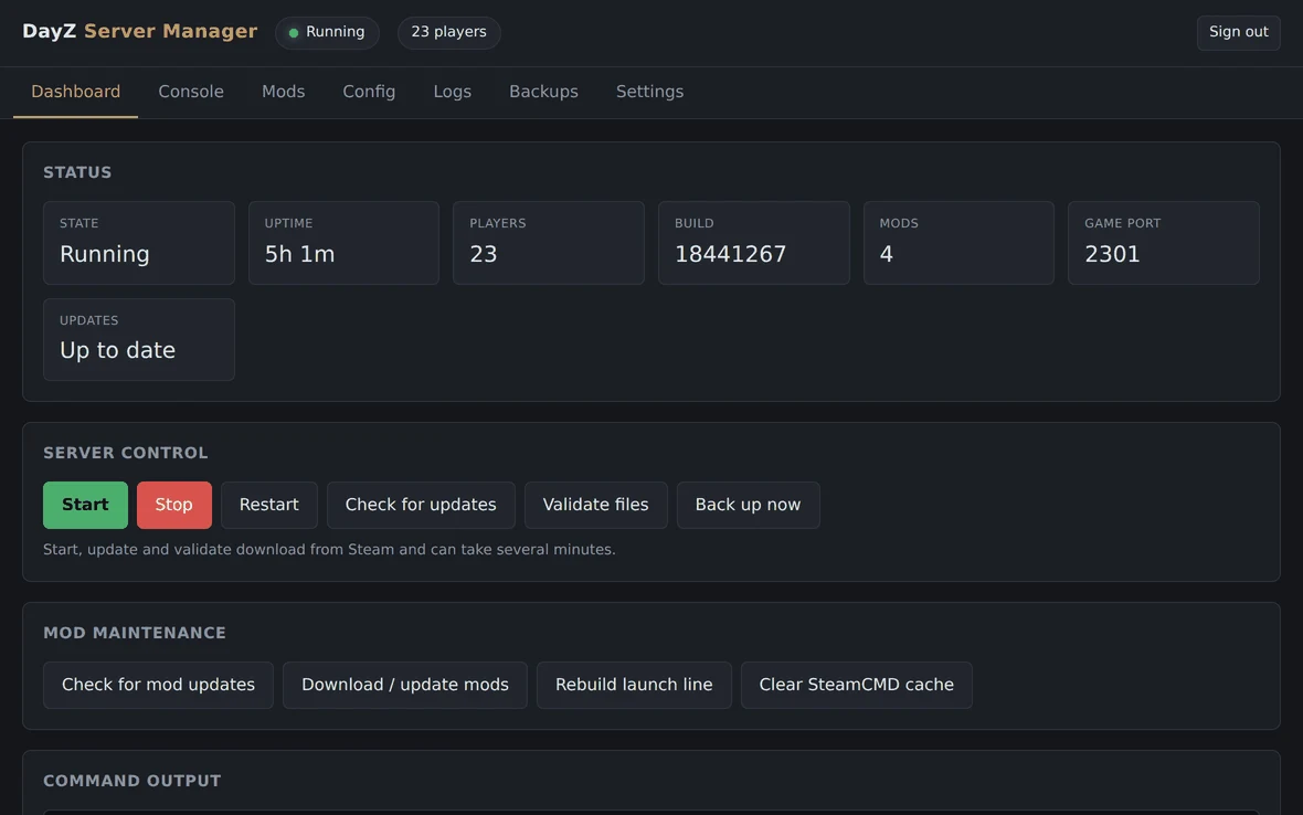 DayZ Server Manager web dashboard showing server status, uptime, players and server controls