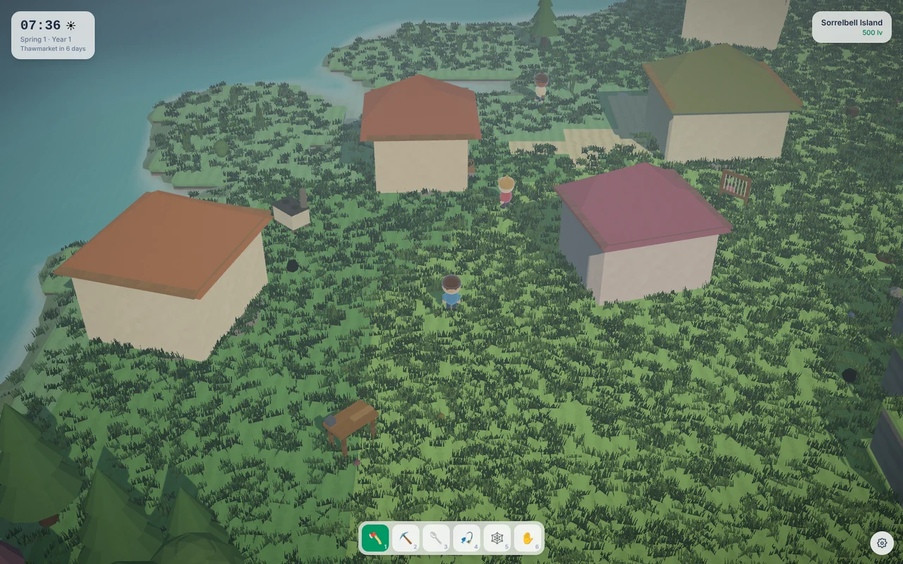 Mossbell: a procedurally generated island with villager houses, a coastline and the player's toolbar