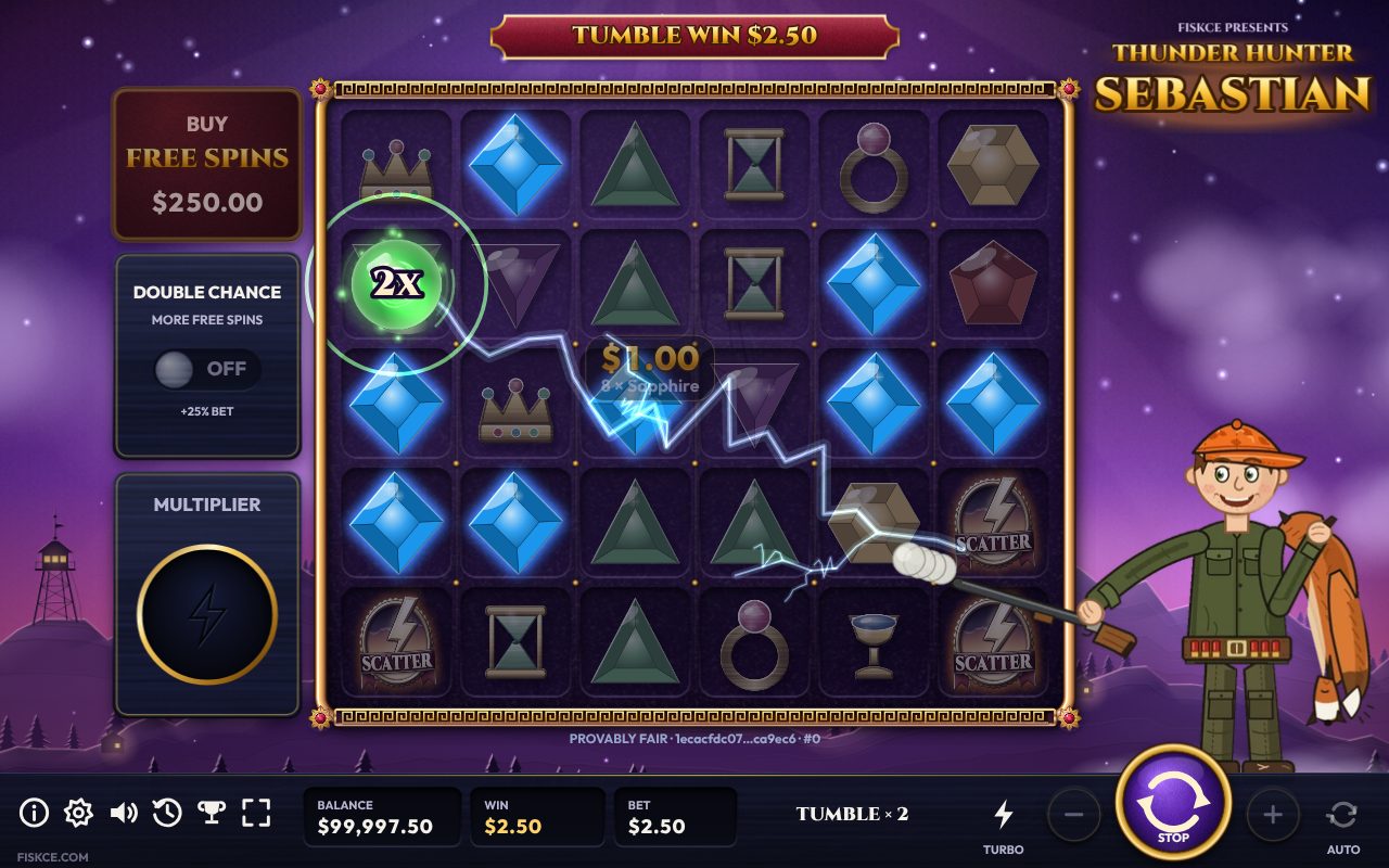 Thunder Hunter Sebastian mid-tumble: a 6×5 grid of gems with a 3× multiplier orb and Sebastian firing lightning